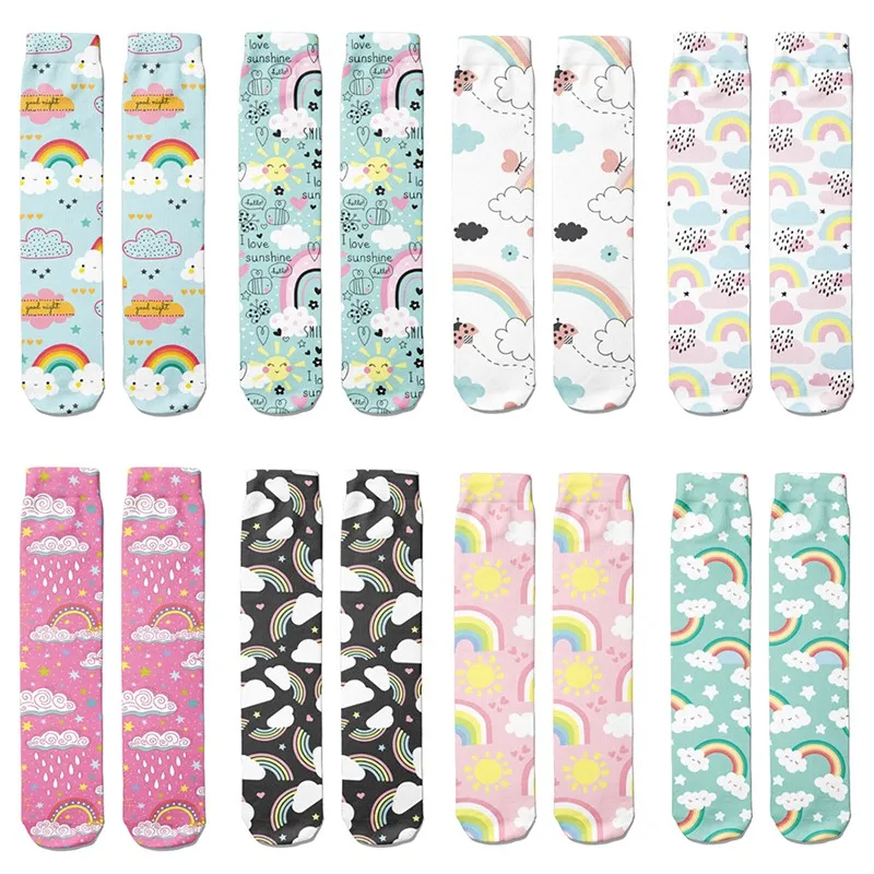 Kawaii Piger Rainbow Skyerne Lyserøde Sokker 3D-Print Søde Tegneserie Sokker Kvinder Og Mænd Komfortable Lange Sokker Lige Sokker 4