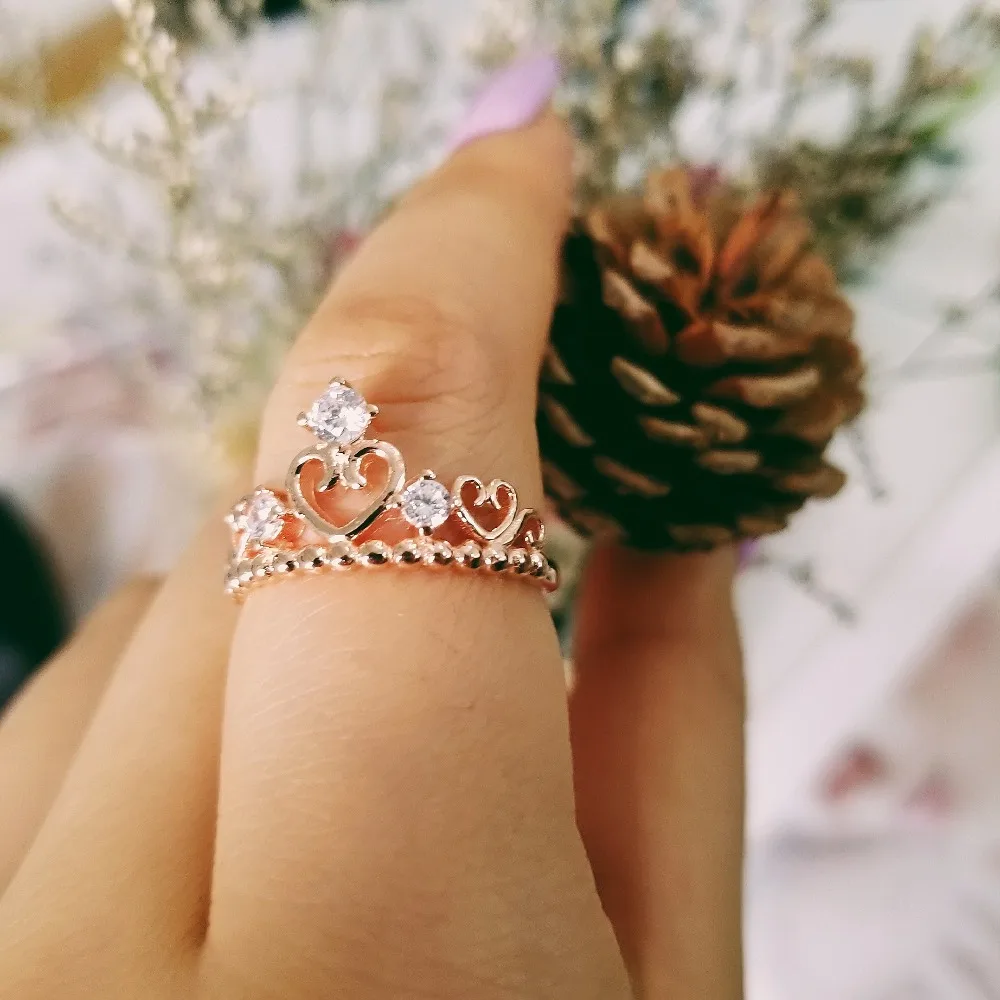 Solid Ægte 925 Sterling Sølv Ring Krone Ring Sæt Til Kvinder Ren Bryllup Engagement ROSE GOLD Mode Smykker Jul R4617S 0