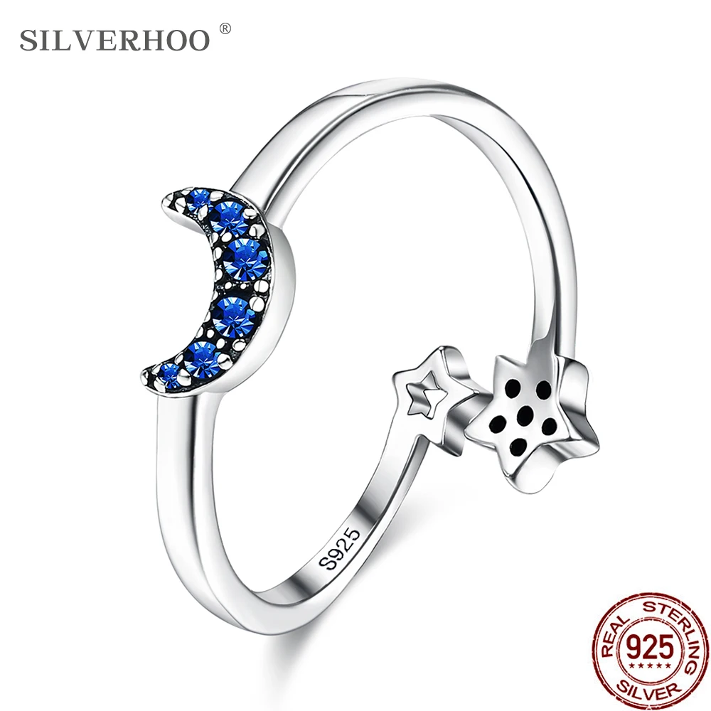 SILVERHOO S925 Sterling Sølv Ringe Halvmåne Formet Ring For Kvinder Blå CZ Stjernede Justerbar Fine Smykker, Fødselsdag, Gave, Engros 2