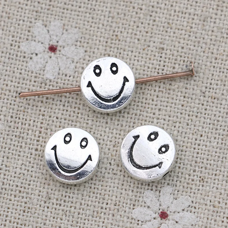 30PCS Antique Silver Plated Round Smile Face Loose Spacer Beads for Jewelry Making Bracelet DIY Findings 10mm 0