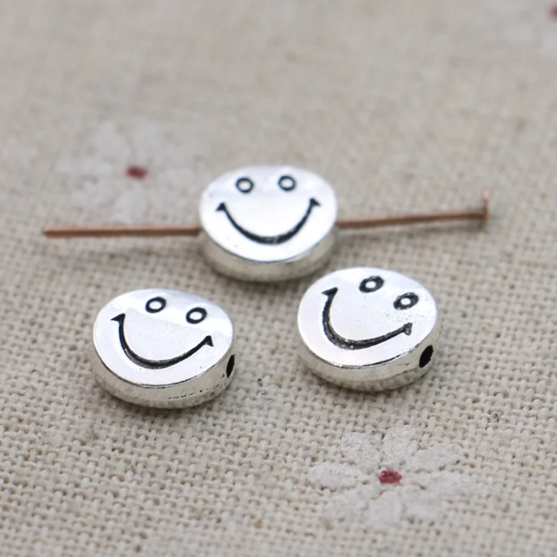 30PCS Antique Silver Plated Round Smile Face Loose Spacer Beads for Jewelry Making Bracelet DIY Findings 10mm 1