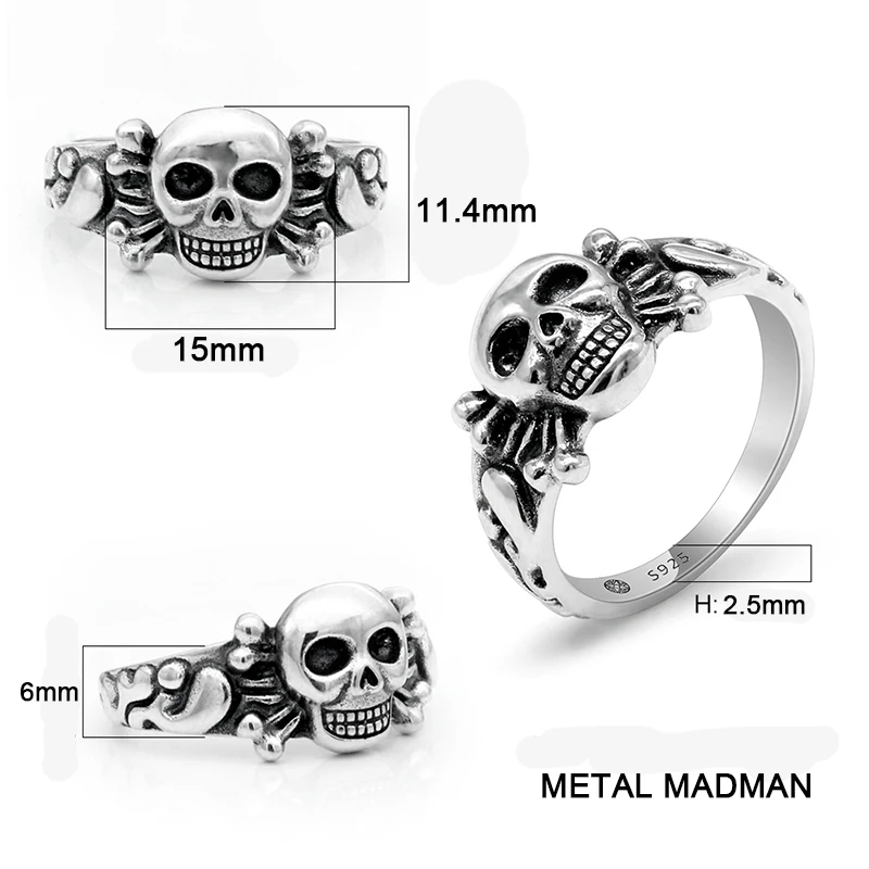 Ægte 925 Sterling Sølv Skull Ring for Mænd Skelet Thai Sølv Ringe for Mennesket Kvinder Punk Cool Street Fashion Smykker Halloween 1