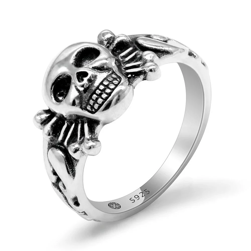 Ægte 925 Sterling Sølv Skull Ring for Mænd Skelet Thai Sølv Ringe for Mennesket Kvinder Punk Cool Street Fashion Smykker Halloween 5