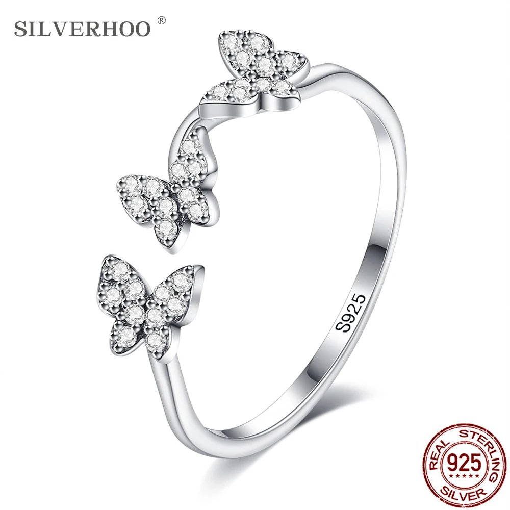 SILVERHOO Ægte 925 Sterling Sølv Ring Bølge Butterfly Women Ringe Cubic Zirconia Naturlige Fine Smykker nyankomne På Salg Gave 2