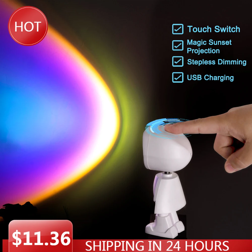 Robot Solnedgang Lampe Stjerneklar Projektor USB-LED Nat Lys Rainbow Touch Skifte Atmosfære Dæmpning Værelse Wall Dekorativ bordlampe 2