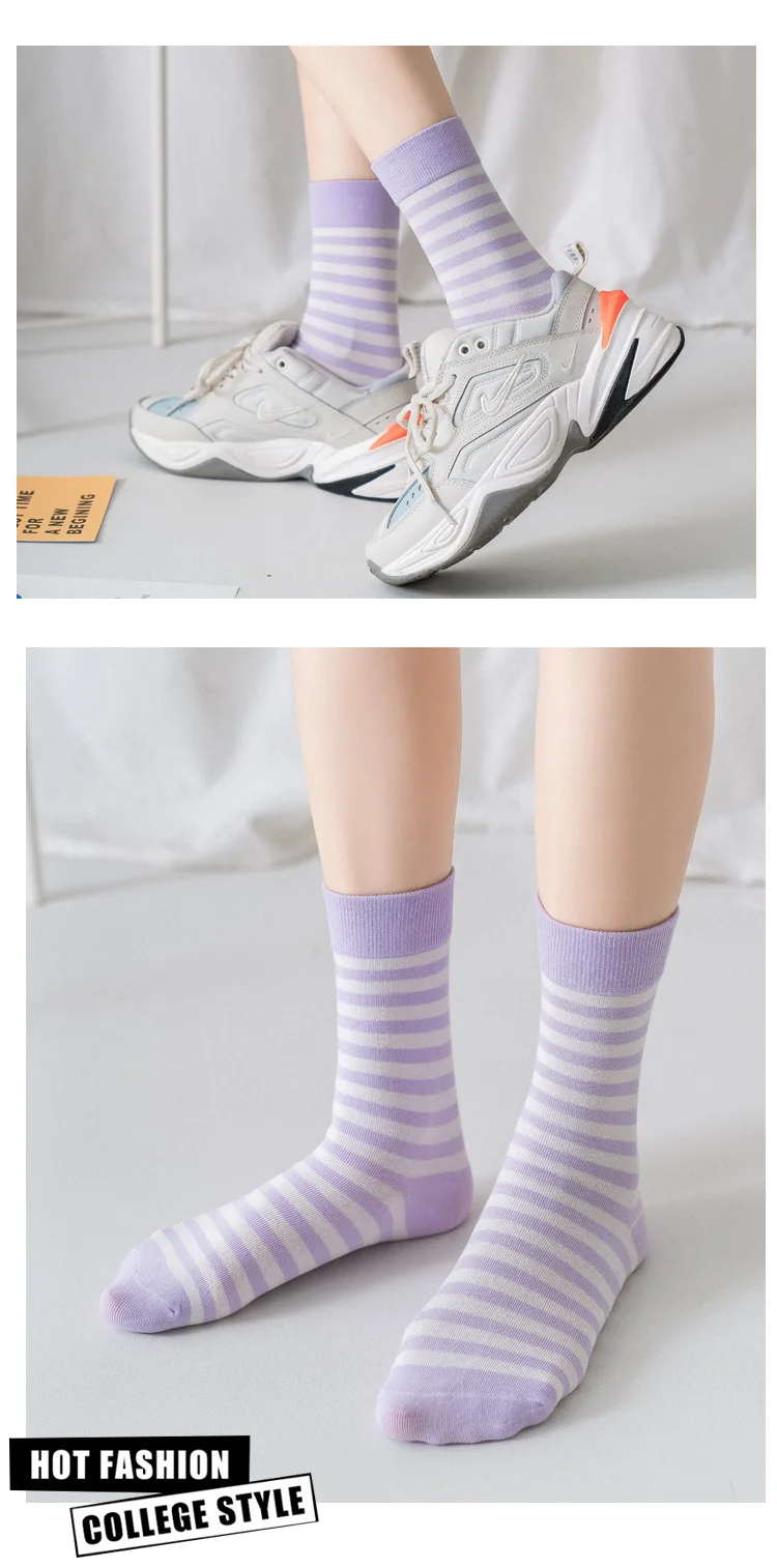 2020 Lilla Sokker Kvinders Medium Tube Sokker koreansk Stil Instagram Tidevandet Stribet Taro Lilla Dejlig Japansk Kvinde Strømper 2