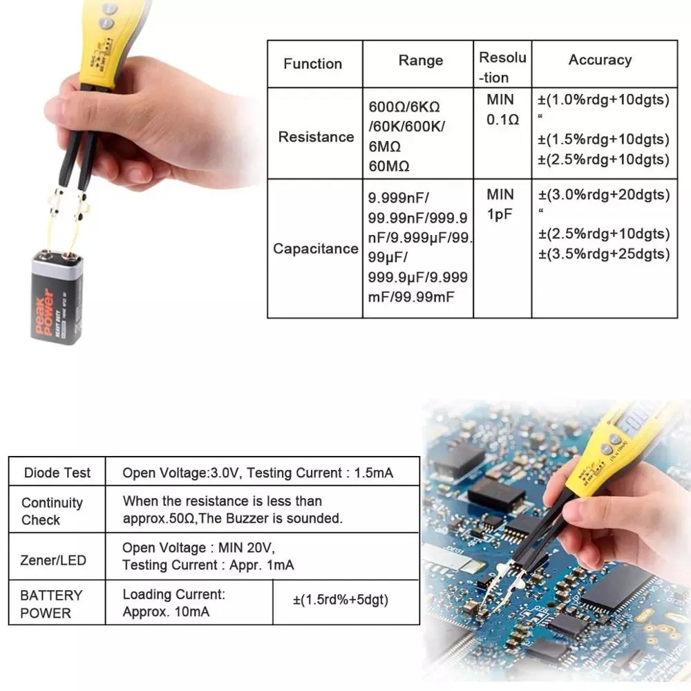 HoldPeak HP-990C Digital SMD Tester Kapacitans Meter Modstand Meter Diode Batteri/Test med Bære Max Power Batteri Tester 3