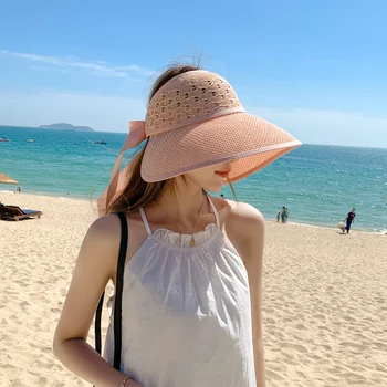 2021Summer Nye Kvinder ' s Sun Hat med Bred skygge Spand Cap Mode Bånd Bowknot Tom Top Panama Strå Hat Sammenklappelig Stranden Caps