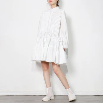 TWOTWINSTYLE Plisseret Hvid Skjorte Kjole Til Kvinder Stå Krave Lange Ærmer Casual Løs Kjoler Kvindelige Mode Nyt Tøj 2021