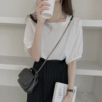 Nye 2021 Foråret Sommeren Kvinder Bluser Shirt Sød Firkantet Krave Minimalistiske og Elegante Vilde koreansk Stil Dame Vintage Toppe BL3335