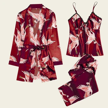 3 Stk Kvinder Pyjamas Sæt Viscose Blomster Trykt Kvindelige Pyjama Løs Nattøj Nattøj Forår Sommer Lounge Wear
