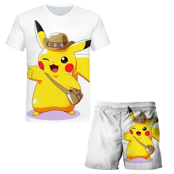 Børn Pikachu Tøj Pokemon Kort Ærme Tegnefilm harajuku T shirt Tøj, der Passer Børn Drenge T-shirt + Bukser Sæt 2stk 4-14Y