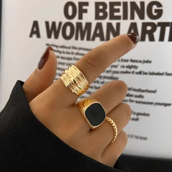 Vintage-Punk-Metal Guld Farve Geometriske Ring Sæt Til Kvinder Retro Chunky Twistted Kno Fælles Ringe, Smykker Gave Til Dame