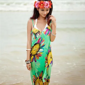Sexet Beach Dress Kvinder Halter Slynge Chiffon Strand Håndklæde Bikini Trykt Cover-ups Wrap Pareo Nederdele Open-Back Badetøj