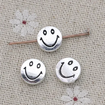 30PCS Antique Silver Plated Round Smile Face Loose Spacer Beads for Jewelry Making Bracelet DIY Findings 10mm