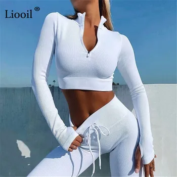 Liooil Sexet To-Delt Sæt Stramme Kvinder Træningsdragt Zip Op Afgrøde Toppe Og Lange Bukser Snor Sort Hvid Sweatsuit Outfits Sæt