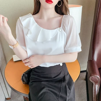 Blusas Mujer De Moda 2021 Verano Koreanske Silke Satin Bluse Om Sommeren Ny Kontor Dame Mode Korte Ærmer Bluser Womens Tops 14289