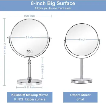8-Tommer Store Dobbelt-Sidet 1X/10X Forstørrelsesglas Makeup Spejl, 360 Graders Drejelig Forfængelighed Spejl med Forstørrelse Rejse Spejl
