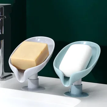 Bladform Soap Box Afløb Sæbe Holder Max Fad Lagring Plade Bakke Fri Perforation Sugekop Badeværelse Gadgets Tilbehør