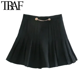 TRAF Kvinder Chic Mode Med Kæde Plisserede Bermuda Shorts Vintage Nederdele med Høj Talje, Lynlås i Ryggen Kvindelige Nederdele Mujer