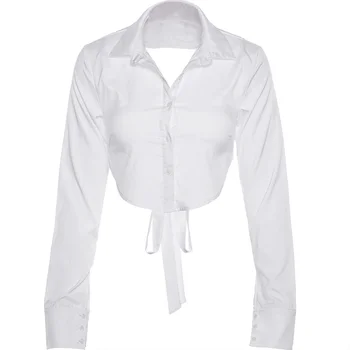 Kywommnz 2021 Sommer Kort Sexet Shirt Med Halterneck Stropper Kvinder Mode Blusset Ærme Tynd Top Hvide Bluser E2391