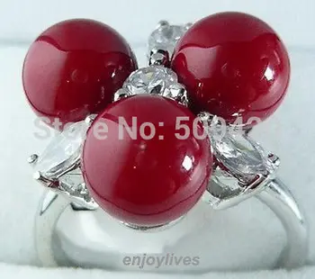 D#S41er>>Rød Koral 3 Perler Crystal White Forgyldt Ring Størrelse: 7.8.9