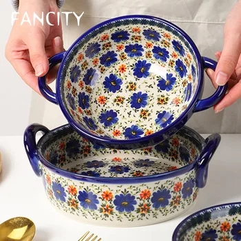 FANCITY polsk keramik håndtag skål husstand ovn mikrobølgeovn særlige binaural soup bowl instant noodle bowl service bageplade