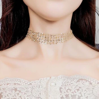 Kvinder Mode Populære Falske Krave Choker Halskæde Sequined Guld Farven Sølv Statement Halskæde