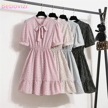 Mode za Korean Style Sommer Skjorte Kjole Kvinder Part Chiffon Vintage Dot Blomster Korte Ærmer V-Hals Kontor Dame Strand Tøj