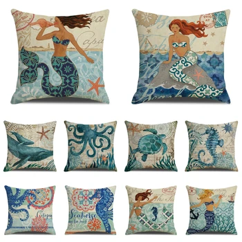 Super Hot Vintage Mermaid Skildpadder pudebetræk Ocean Blæksprutte Skaller Sengetøj Blue Pillow Cover til Indretning Sofaen, Smide Pude