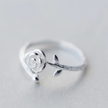 MloveAcc 925 Solid Ægte Sterling Sølv Smykker Steg Blomst Åbning Justerbar Finger Ring Størrelse 5 6 7 for Teen Girl Kvinder
