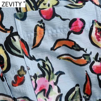 Zevity Nye 2021 Kvinder Vintage Frugt Print Løs Bluse Damer Korte Ærmer Split Smarte Kimono Shirts Femininas Blusas Toppe LS9429